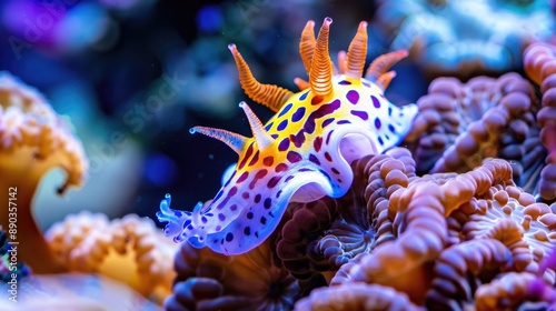 Close-up of a colorful nudibranch on a coral