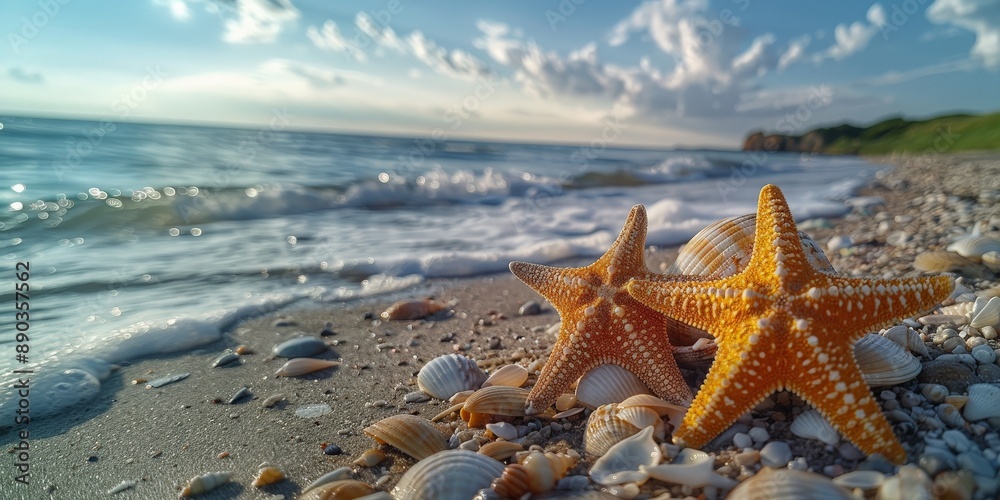 Starfish and Seashells on Sandy Beach. Starfish and Seashells on Sandy Beach.