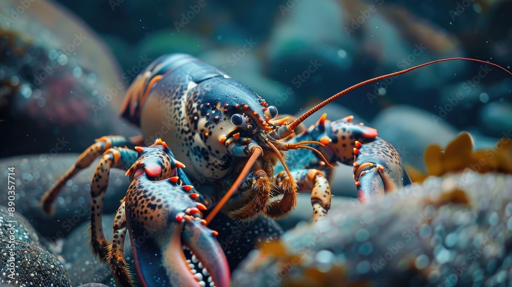 Close-up of a lobster hiding among rocks in the ocean Close-up of a lobster hiding among rocks in the ocean