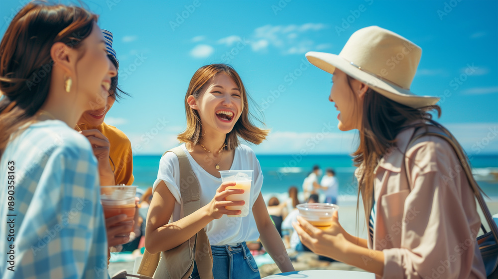 ビーチサイドカフェでアイスコーヒーを楽しむ友人たち ビーチサイドカフェでアイスコーヒーを楽しむ友人たち