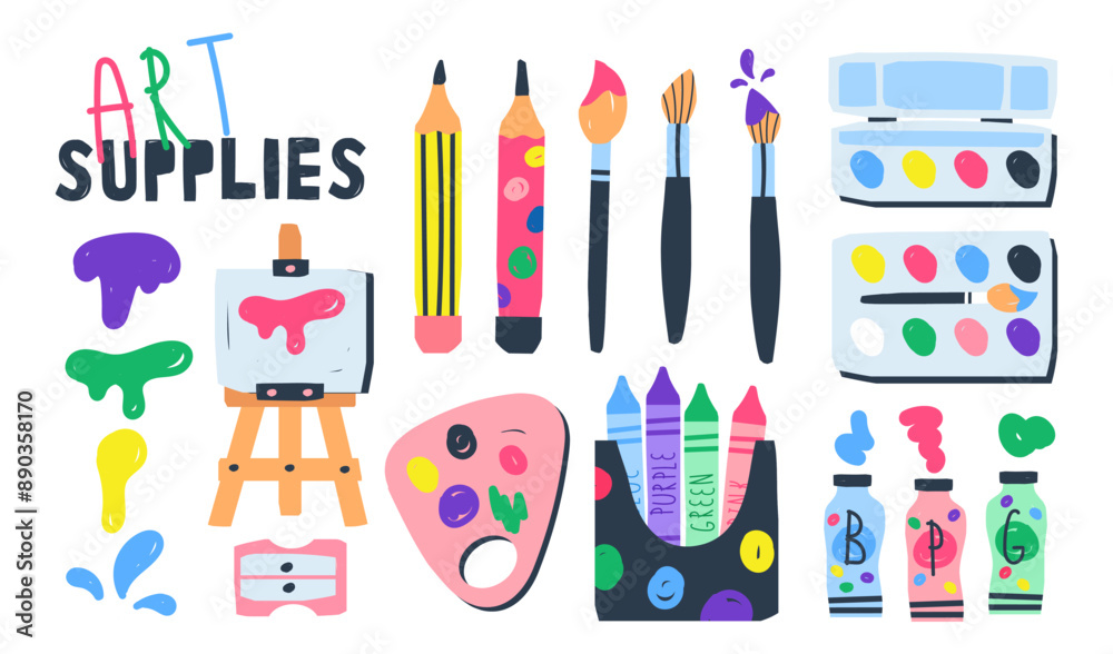 art supplies. Artist's painting supplies hand drawn clip art set. Watercolor palettes, brushes, wooden palette and easel, tubes with acrylic paint, paint palette. vector illustration art supplies. Artist's painting supplies hand drawn clip art set. Watercolor palettes, brushes, wooden palette and easel, tubes with acrylic paint, paint palette. vector illustration