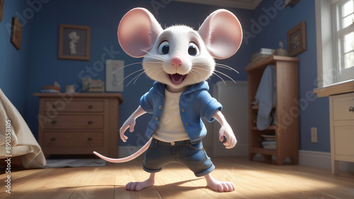 Anthropomorphic cute white mouse dressed in a t-shirt and blue jeans in a house with wooden floor