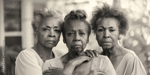 Sisterhood in Strength: Three African American women of various ages, linked arm-in-arm, exuding confidence and sisterly support photo