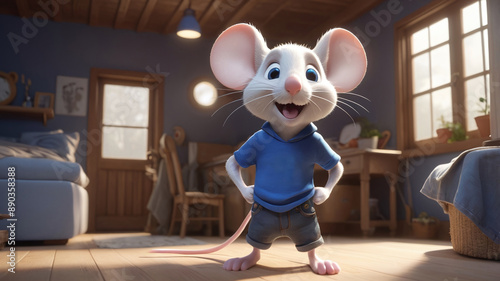 Anthropomorphic cute white mouse dressed in a t-shirt and blue jeans in a house with wooden floor