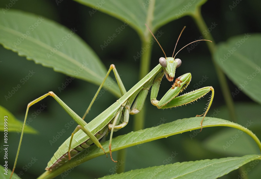 A praying mantis camouflaged on a plant. A praying mantis camouflaged on a plant.
