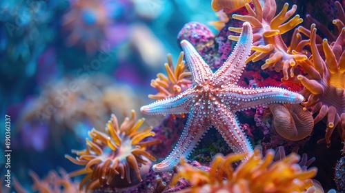 Close-up of a starfish on a vibrant coral reef