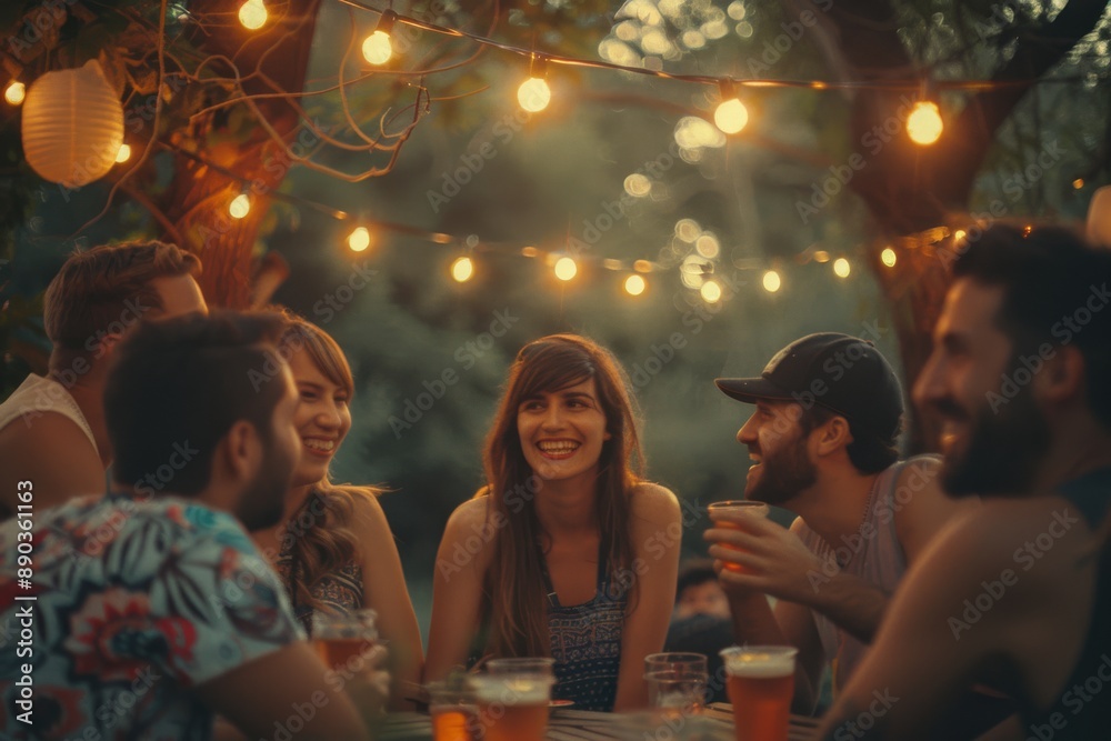 Joyful Evening Gathering with Friends under Warm String Lights Joyful Evening Gathering with Friends under Warm String Lights