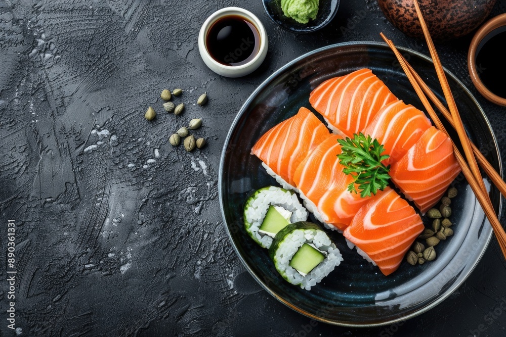 Sushi with salmon sashimi, cucumber in plate with chopsticks and soy sauce. Sushi with salmon sashimi, cucumber in plate with chopsticks and soy sauce.