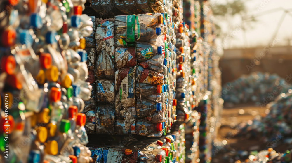 Plastic bottles that have been crushed are stacked together to create a tower. This is part of the recycling process, where used plastic bottles are collected and processed to be reused.