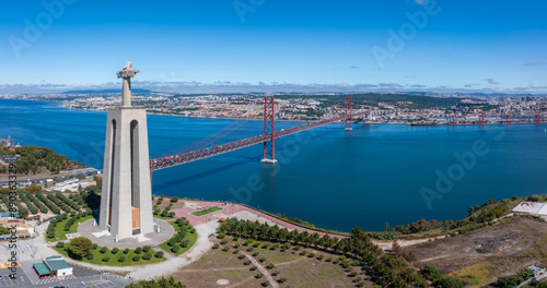 Aerial view of Sanctuary of Christ the King or Santuario de Cristo Rei on sunny summer day in Lisbon, Portugal.