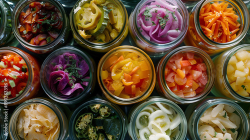 A vibrant display of fermented products in transparent jars reveals the variety of colors and textures derived from vegetables and fruits. photo