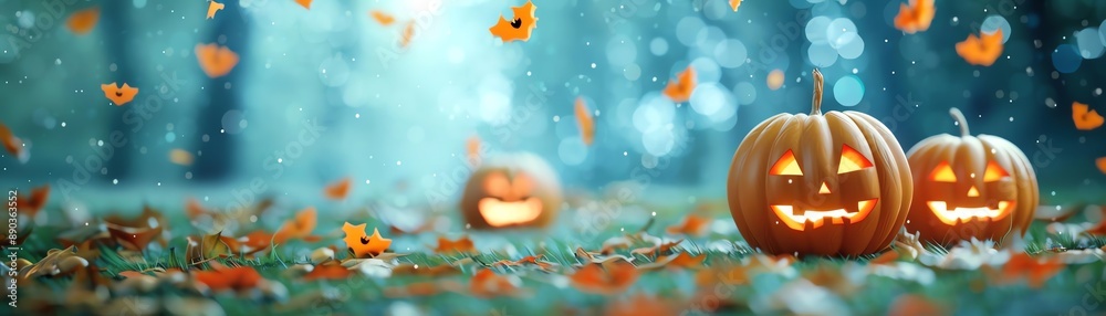 Fototapeta premium Pumpkin Tower A tower made of pumpkins with glowing faces illustrrate