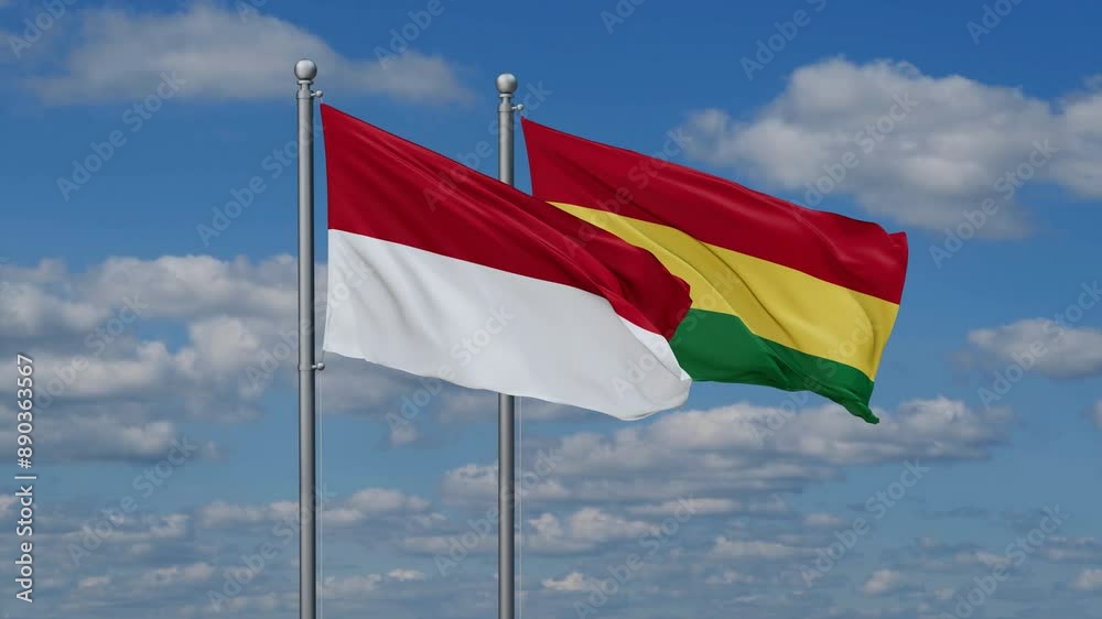 Bolivia and Indonesia flags flying together, video concept of the relationship, two country relations concept Bolivia and Indonesia flags flying together, video concept of the relationship, two country relations concept