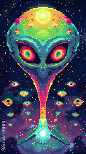 Colorful 8-Bit Alien with Multiple Eyes and Vibrant Colors