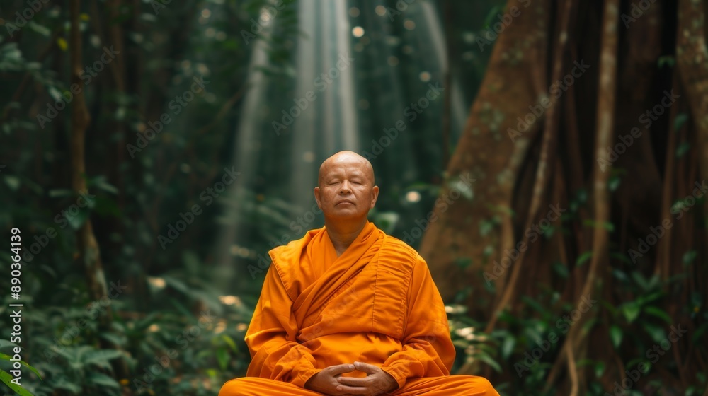 Fototapeta premium Meditative monk in an orange robe meditating in the serene forest with sunlight filtering through the trees.