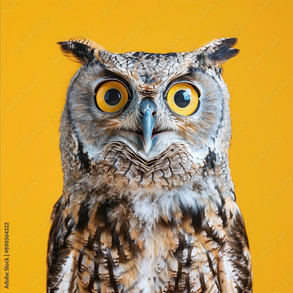 expressive owl portrait wideeyed owl with ruffled feathers against vibrant yellow backdrop studio lighting detailed feathers comical surprise expression expressive owl portrait wideeyed owl with ruffled feathers against vibrant yellow backdrop studio lighting detailed feathers comical surprise expression