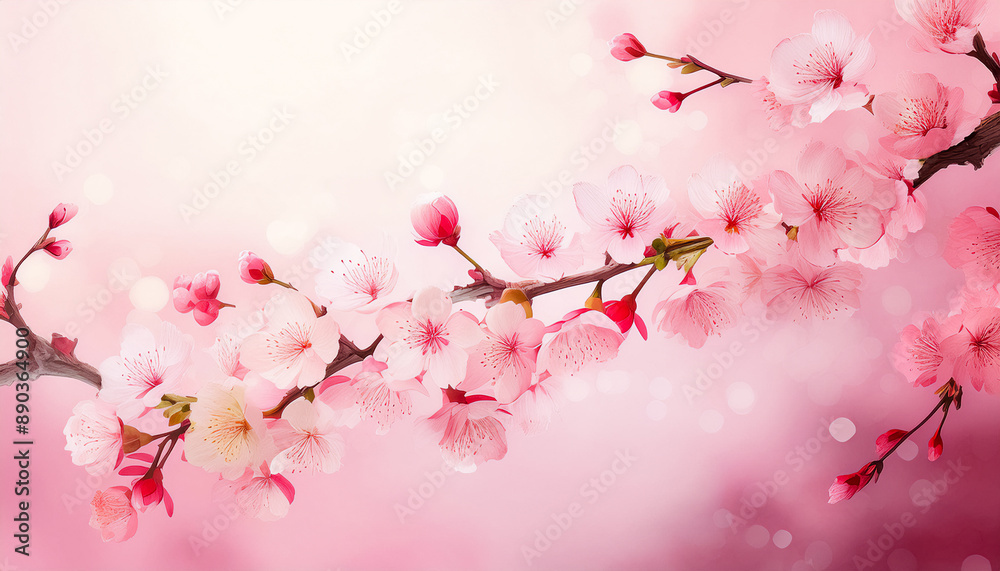 Branches of cherry blossoms hang on a pink background, space for text Branches of cherry blossoms hang on a pink background, space for text