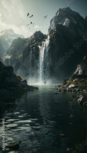 Tranquil Mountain Paradise, A Sunny Day by the Waterfall