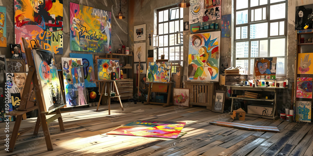 Artistic Inspiration: A Black artist's studio, with colorful paints, brushes and canvases scattered around Artistic Inspiration: A Black artist's studio, with colorful paints, brushes and canvases scattered around