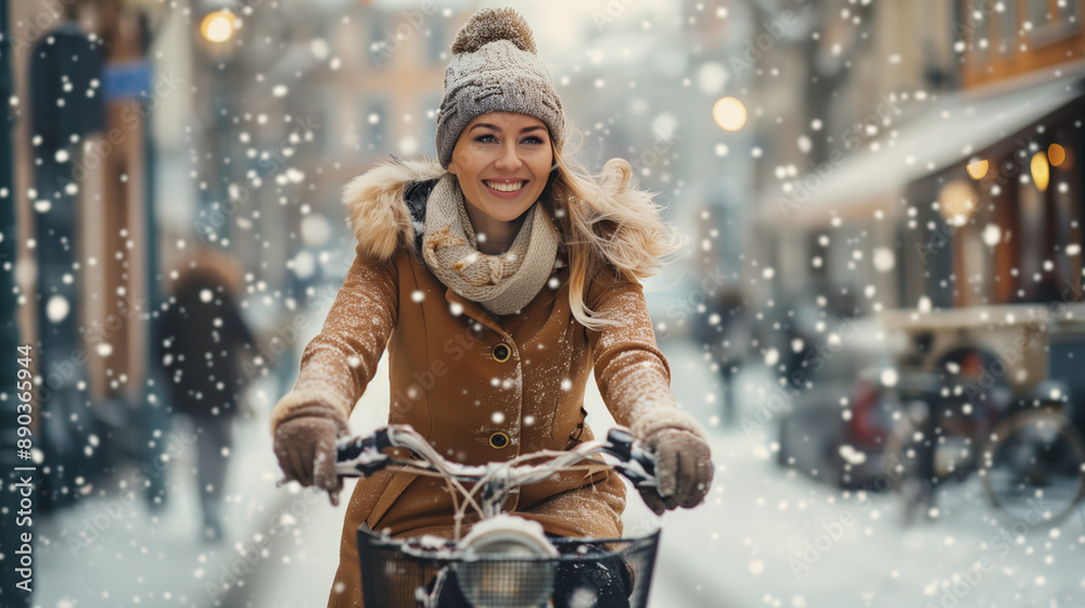 A smiling woman on a bicycle glides through snowy city streets as snowflakes swirl around her, giving the scenery a wintry charm. A smiling woman on a bicycle glides through snowy city streets as snowflakes swirl around her, giving the scenery a wintry charm.