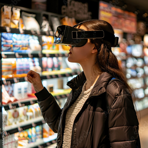 Woman shopping with virtual reality headset in a grocery store