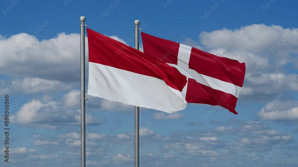 Denmark and Indonesia flags flying together, video concept of the relationship, two country relations concept Denmark and Indonesia flags flying together, video concept of the relationship, two country relations concept