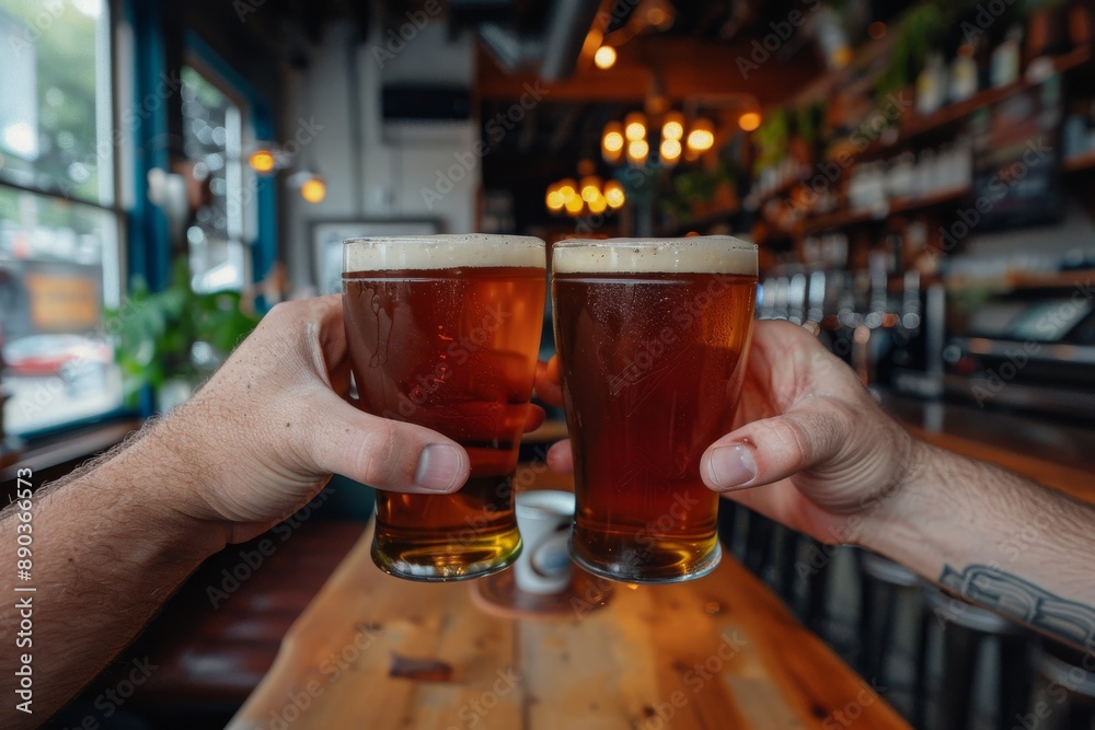 Friends toasting with beer mugs in a cozy pub celebrating friendship and good times Friends toasting with beer mugs in a cozy pub celebrating friendship and good times