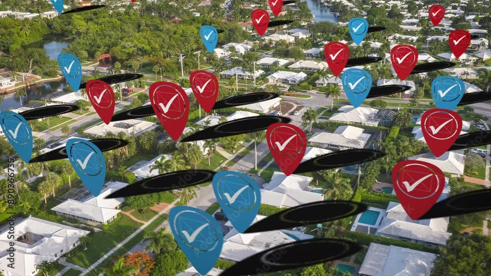 Suburban Florida homes with election vote markers. Red and blue checkmarks show Republican and Democrat votes. Animated hyperlapse of residential voting. Aerial.