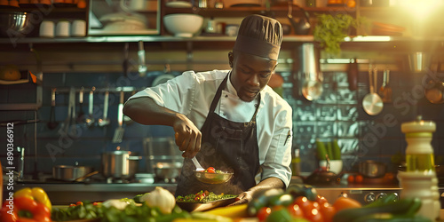 Food for the Soul: A Black chef expertly preparing a meal in a kitchen, with fresh ingredients and cookware photo