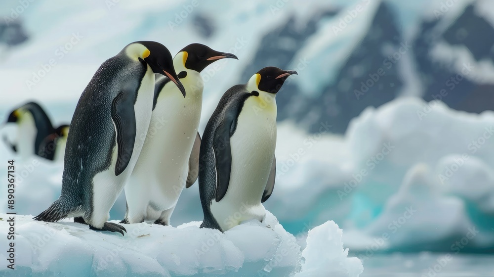 Naklejka premium Emperor penguins huddled together on an iceberg