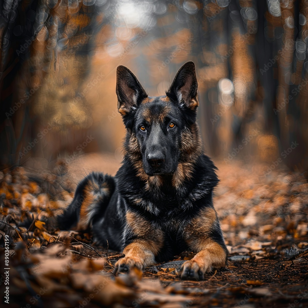 Serious black and tan German Shepherd dog posing outdoors in a forest lying down on a ground in spring Serious black and tan German Shepherd dog posing outdoors in a forest lying down on a ground in spring
