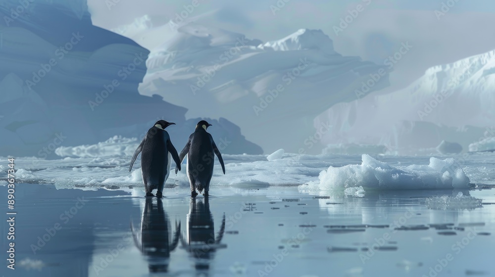 Naklejka premium Emperor penguins walking on ice
