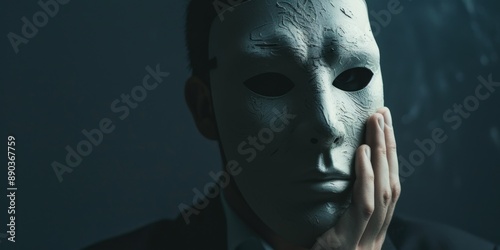 Surreal Portrait of Masked Man in Darkness: Concealed Identity and Duality. Enigmatic Figure Hiding Behind Facade, Symbolizing Social Conformity, Dual Personality, and Inner Struggle. Haunting Visuali photo