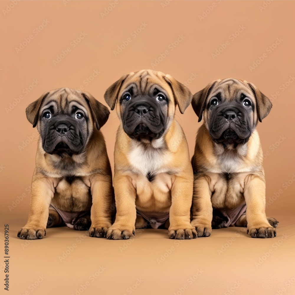 Three bull mastiff dog puppies isolated on a beige background Three bull mastiff dog puppies isolated on a beige background