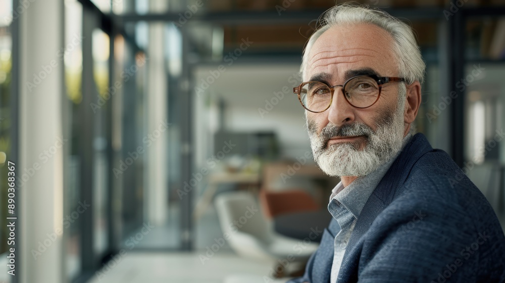 Confident mature businessman with a tidy beard and glasses posing in a contemporary office setting Confident mature businessman with a tidy beard and glasses posing in a contemporary office setting