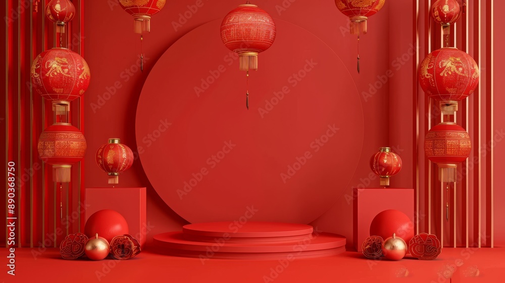 Happy Chinese New Year Background with Copy Space. 3D Indoor Podium with Chinese New Year Concept Happy Chinese New Year Background with Copy Space. 3D Indoor Podium with Chinese New Year Concept