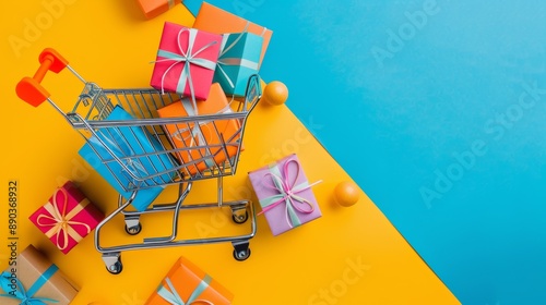 Shopping cart with colorful gift boxes on vibrant background photo