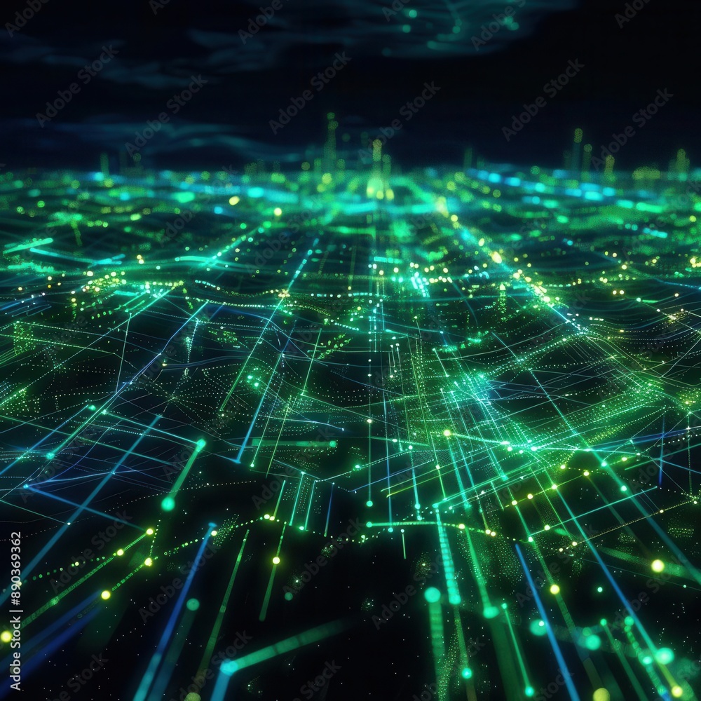futuristic digital landscape interconnected blue and green glowing ...