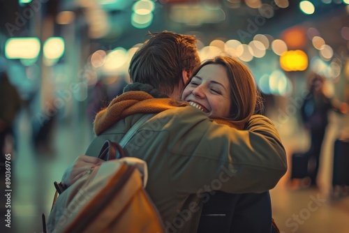 This image captures a joyful and heartfelt embrace between two people, reuniting at the airport. The warmth of their emotions stands out against the bustling environment. photo