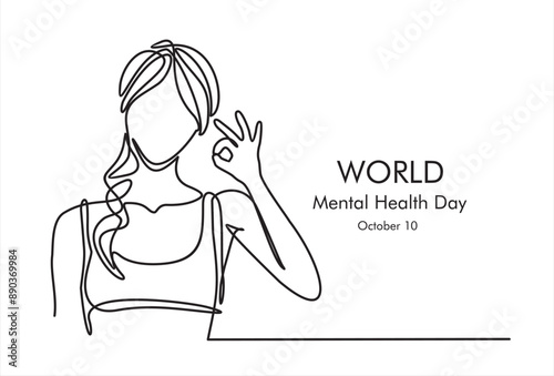 Continuous one line drawing of woman gesturing ok sign. Okay sign, gesture language concept. World Mental Health day. Ok sign hand gesture continuous line