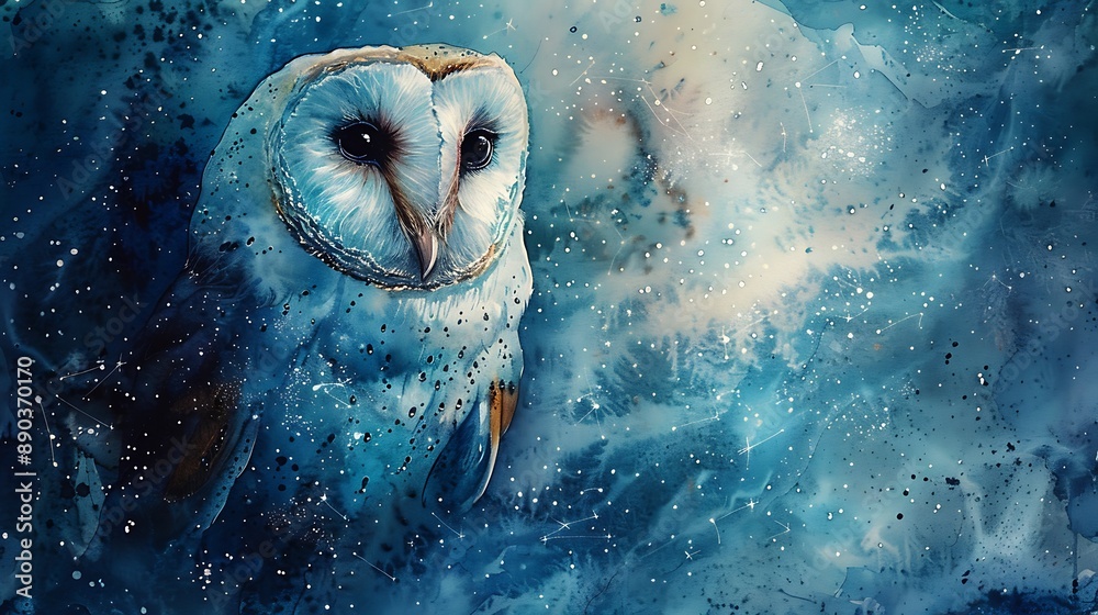 Fototapeta premium An enchanting watercolor painting of an owl, the starry night sky blending into its feathers, soft blues and whites, with constellations and moonlight creating a mystical and serene mood.