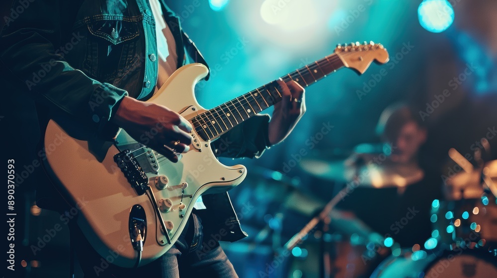 Obraz premium Musician performs on stage with a white electric guitar under blue stage lights