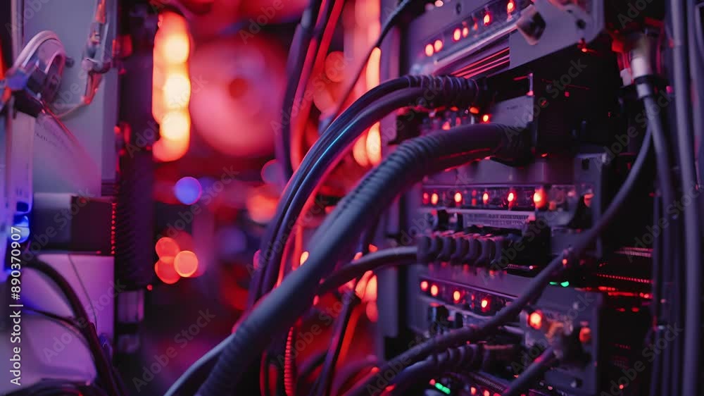 A closeup of a computer tower with cables and wires plugged in.