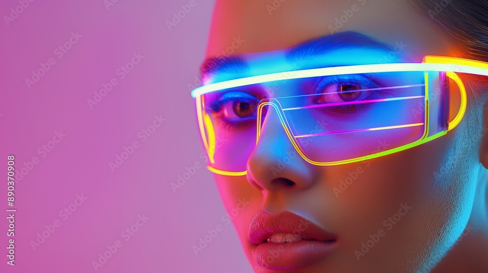 A woman is wearing neon colored glasses and looking at the camera. The image has a futuristic and colorful vibe, with the woman's face and glasses being the main focus