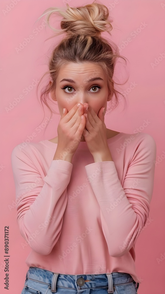 portrait of a woman with two hands covering mouth surprise expression pink background portrait of a woman with two hands covering mouth surprise expression pink background