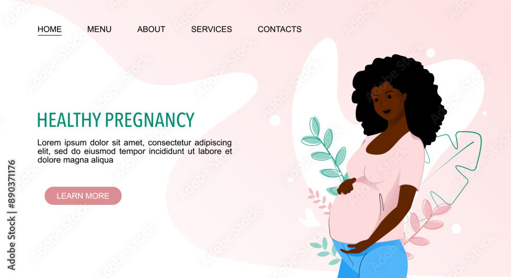 Healthy Pregnancy landing web page template with pregnant african american woman on floral background Healthy Pregnancy landing web page template with pregnant african american woman on floral background