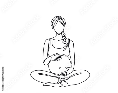 Continuous one line drawing of Pregnant woman sitting in lotus position. Continuous line drawing of pregnancy, motherhood, fitness, preparation for childbirth, yoga for pregnant women.