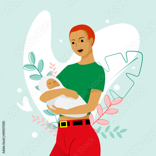 Latin woman in green t-shirt and red jeans is holding a baby with tenderness on green floral background	
