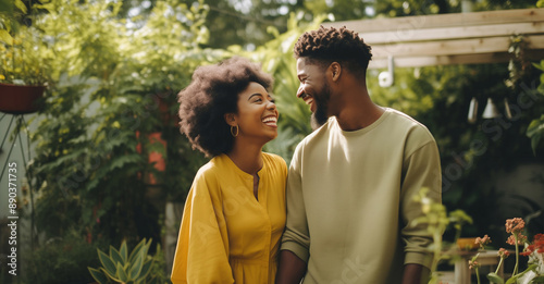 Portrait happy smiling multiethnic young couple owners in summer backyard of their own country house