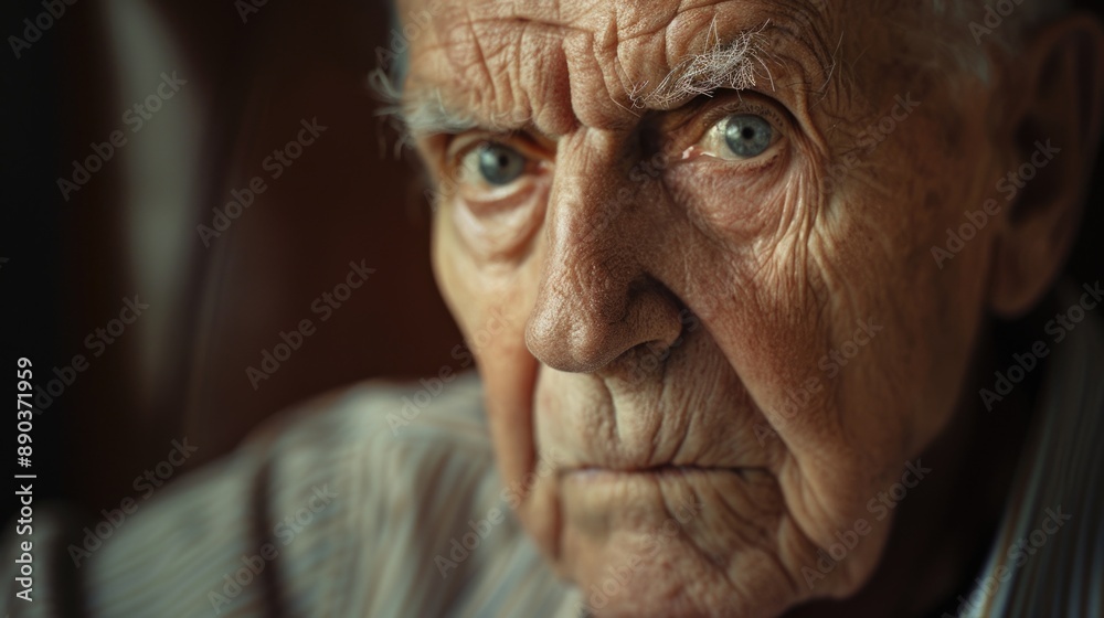 A close-up of an elderly man with deep wrinkles, highlighting his aged appearance
